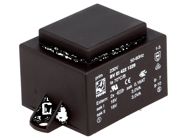 Transformator: ingegoten; 6VA; 230VAC; 18V; 18V; 167mA; 167mA; PCB Transformator: ingegoten; 6VA; 230VAC; 18V; 18V; 167mA; 167mA; PCB